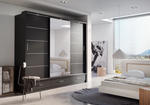 Dark gray sliding door wardrobe with mirrored center opening and drawer base.