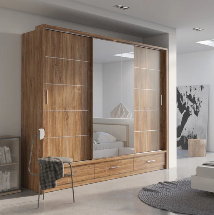 Wood-look sliding wardrobe with mirror panel and open shelving through center doors.