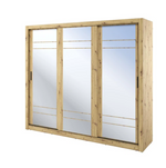 Wood-finish sliding door wardrobe with three mirrored doors and vertical metal handles