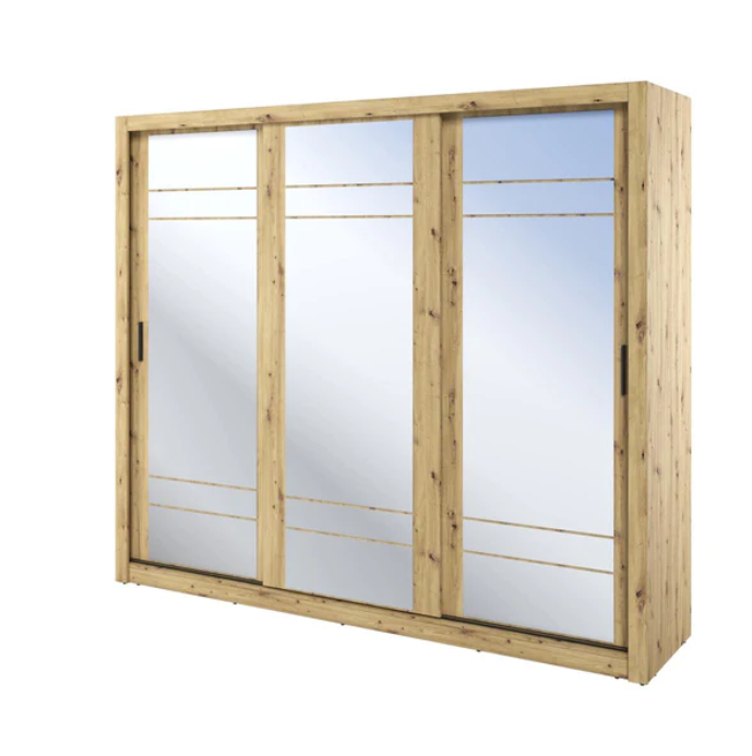 Wood-finish sliding door wardrobe with three mirrored doors and vertical metal handles