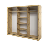 Wood-finish wardrobe frame with open compartments and hanging-bar rails inside