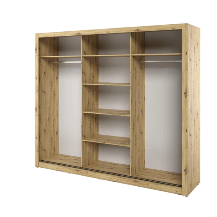 Wood-finish wardrobe frame with open compartments and hanging-bar rails inside