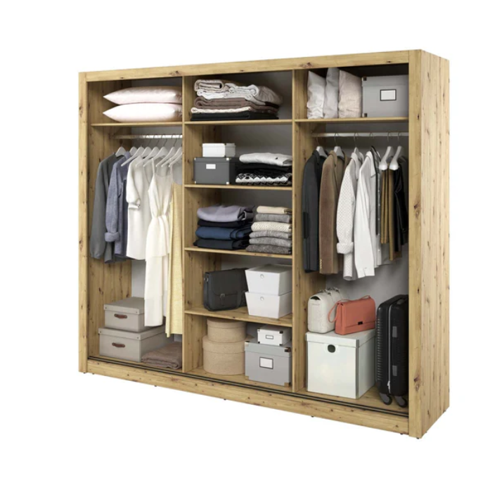 Wood-finish wardrobe interior with hanging clothes, shelves, and storage bins