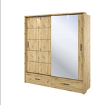Light wood sliding wardrobe with large mirrored door and slim side handles