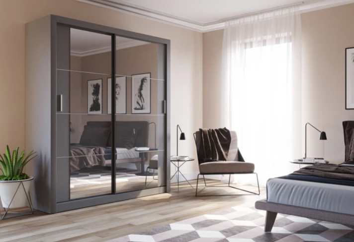 Grey sliding door wardrobe with mirrored panels, 181 cm height