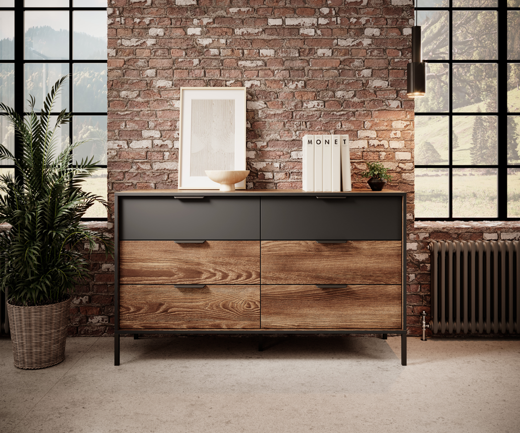 Haze chest of drawers with mixed black and wood drawer fronts and slim metal legs