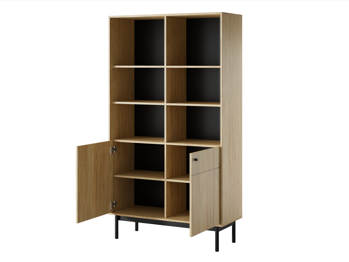 Oak bookcase cabinet with open cubbies, two cupboard doors, and black legs