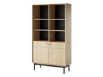 Light oak bookcase cabinet with open shelves above and two cupboard doors, black legs