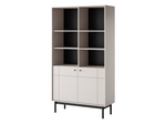 White bookcase cabinet with open cubbies and hinged double doors, black legs