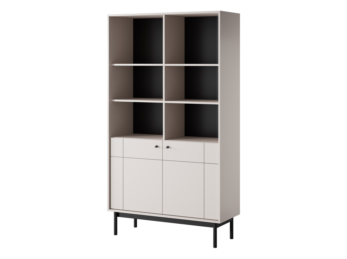 White bookcase cabinet with open cubbies and hinged double doors, black legs