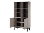 White bookcase with open shelving, side panels swung open, and black legs