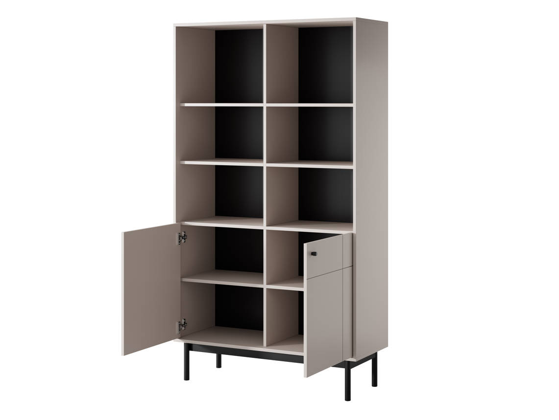 White bookcase with open shelving, side panels swung open, and black legs