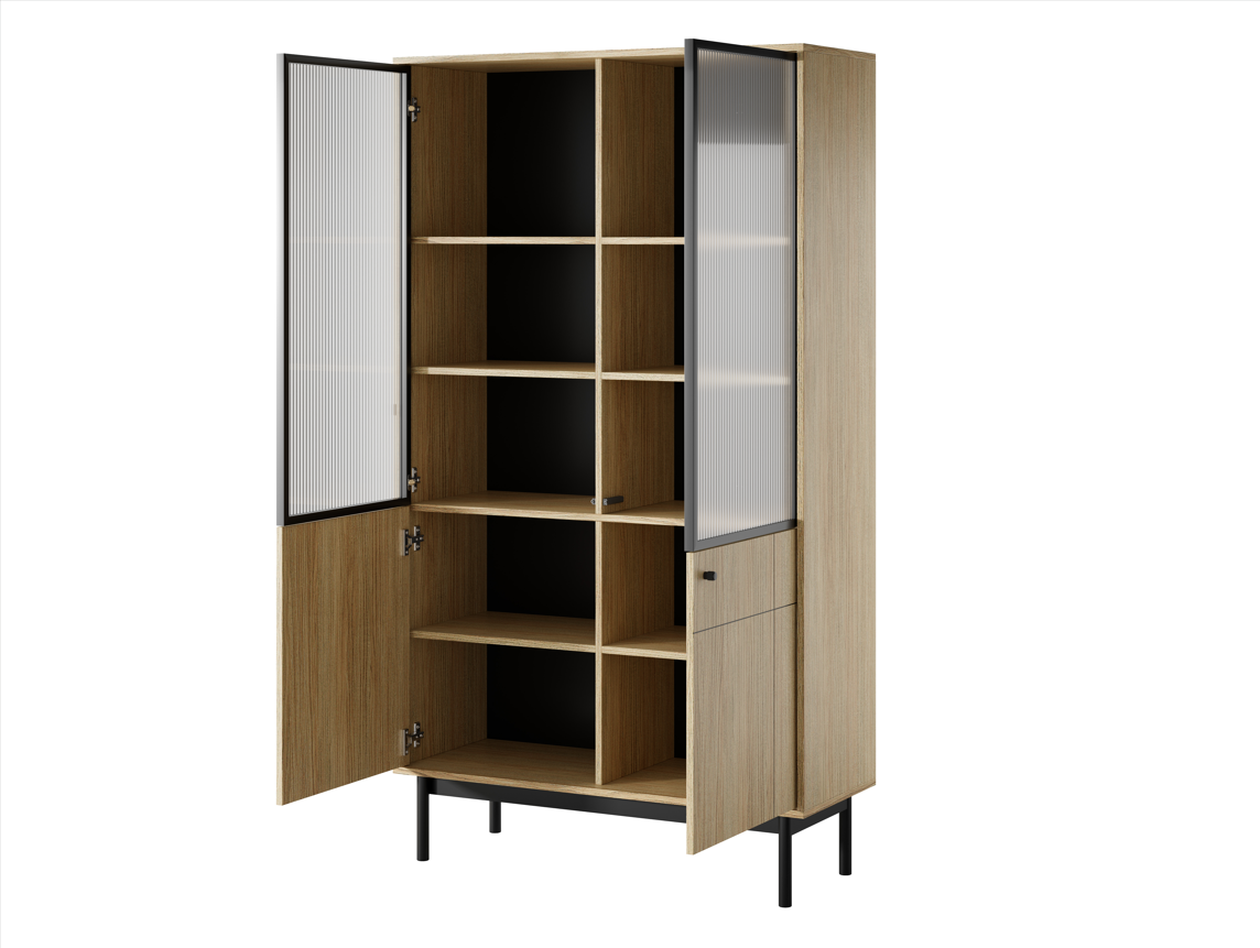 Display cabinet in oak with open shelving and two side hinged doors