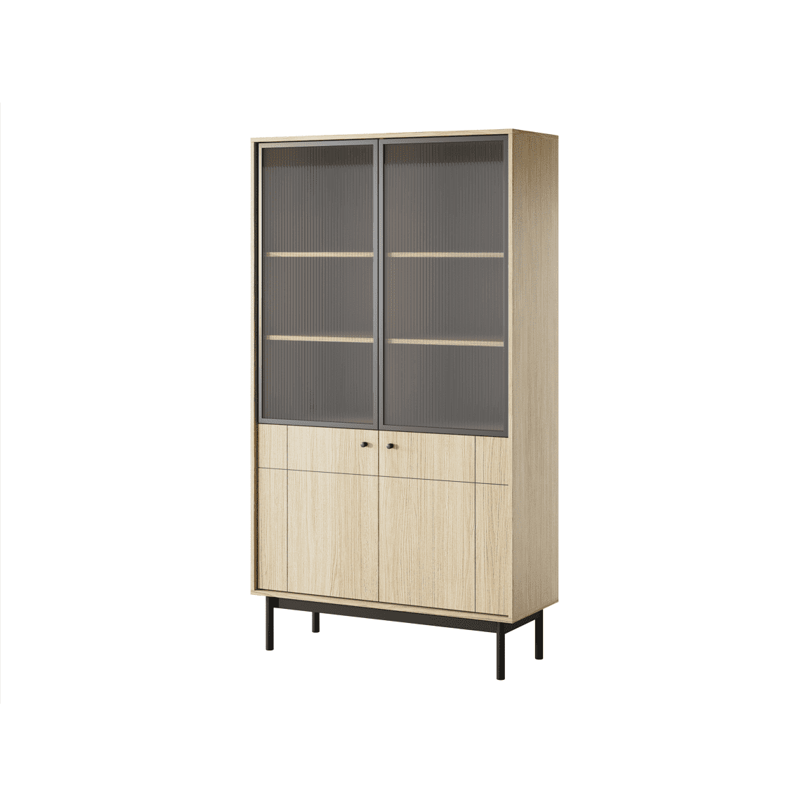 Display cabinet in light oak with frosted glass doors and wood base