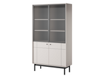 Display cabinet with frosted glass doors and white two-panel base