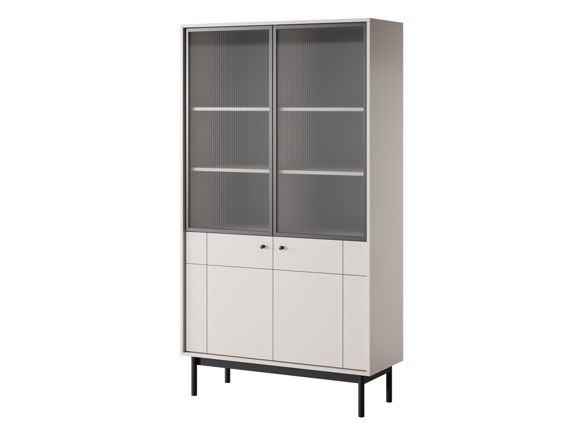 Display cabinet with frosted glass doors and white two-panel base