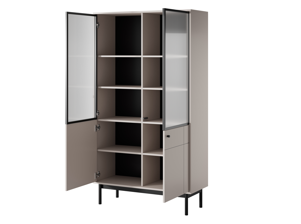 Display cabinet with open doors, grid shelving, and two lower drawers