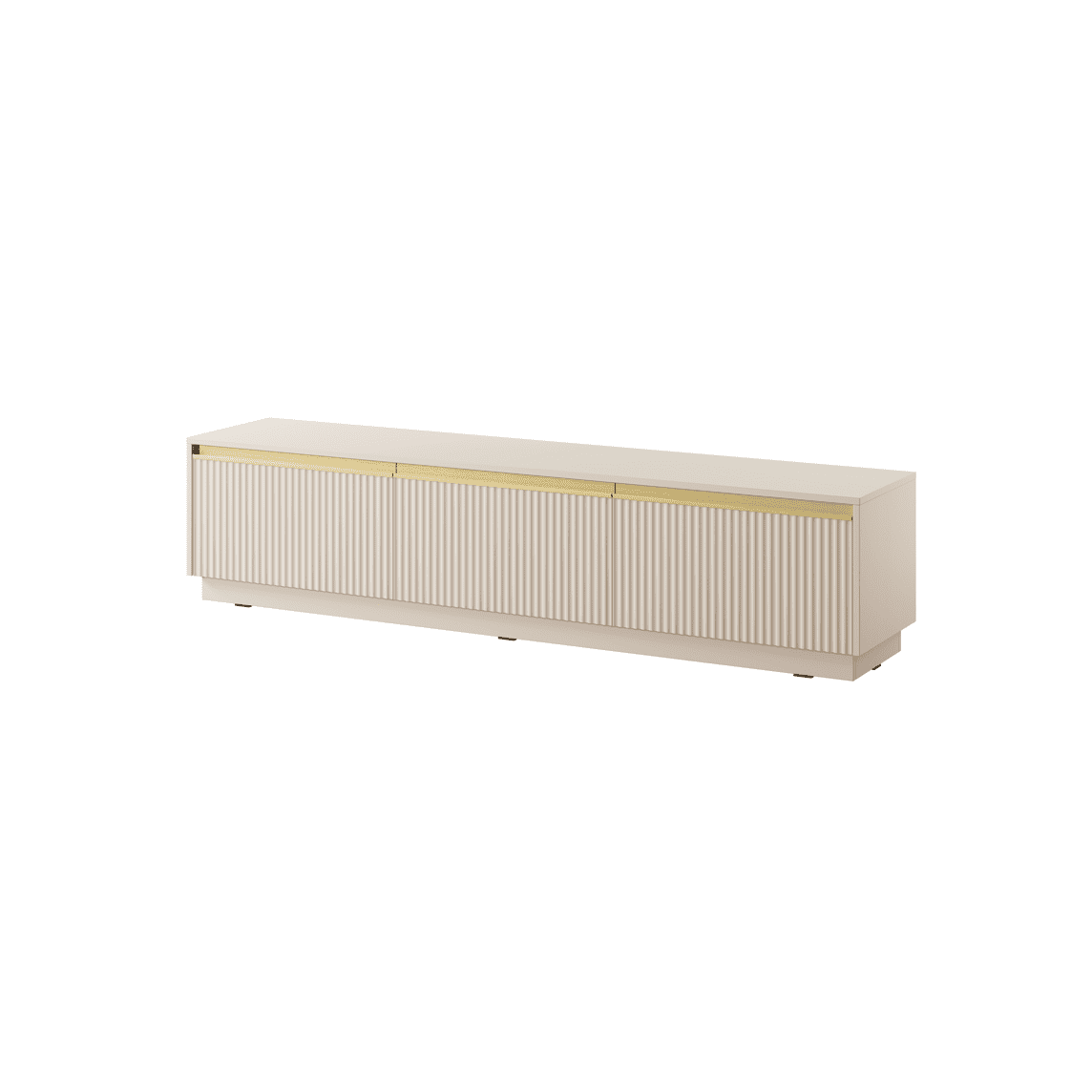 Cashmere TV cabinet with vertical ribbed doors and gold trim, flat top