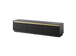 Black floating TV cabinet with vertical ribbed front and gold trim