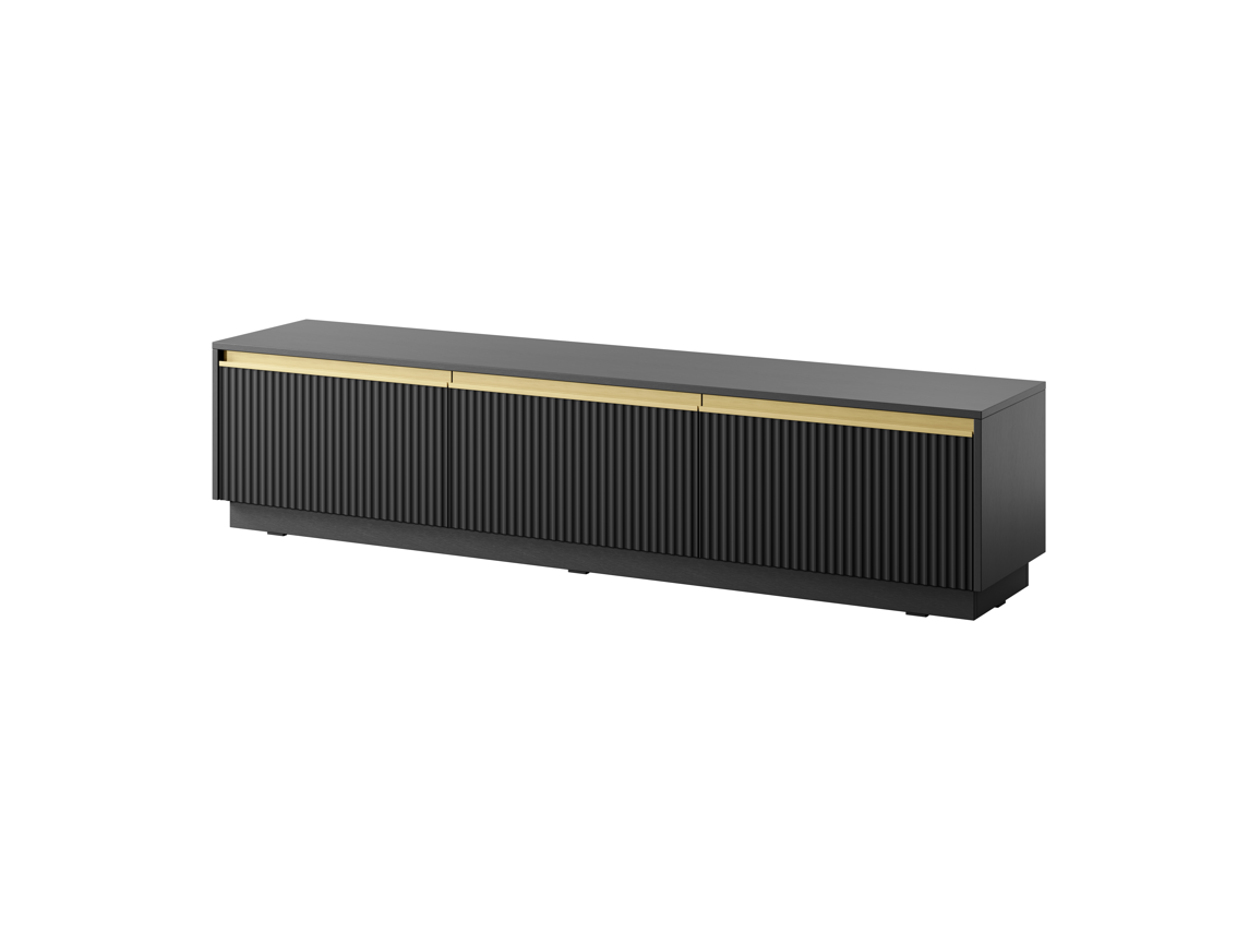 Black floating TV cabinet with vertical ribbed front and gold trim