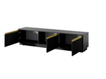 Black TV cabinet open front showing interior shelves and center compartment