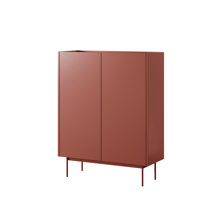 Ceramic Red highboard cabinet with two doors and slender metal legs