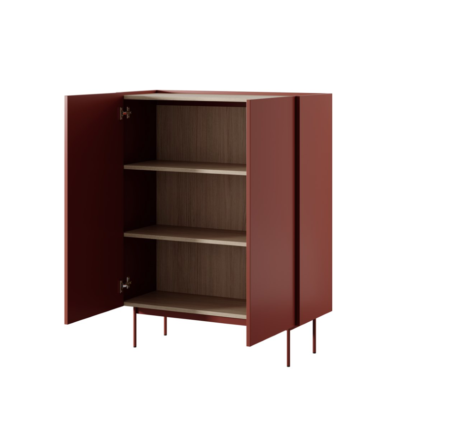 Ceramic Red highboard cabinet with doors open to reveal three shelves
