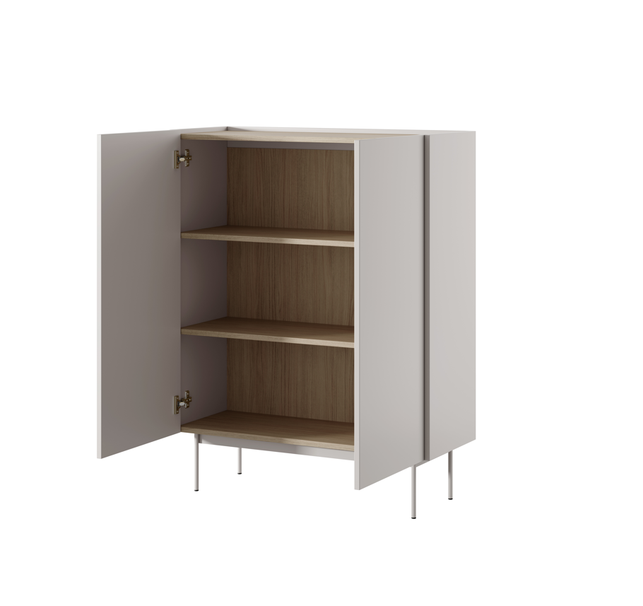 Cashmere highboard cabinet with doors open, showing three interior shelves