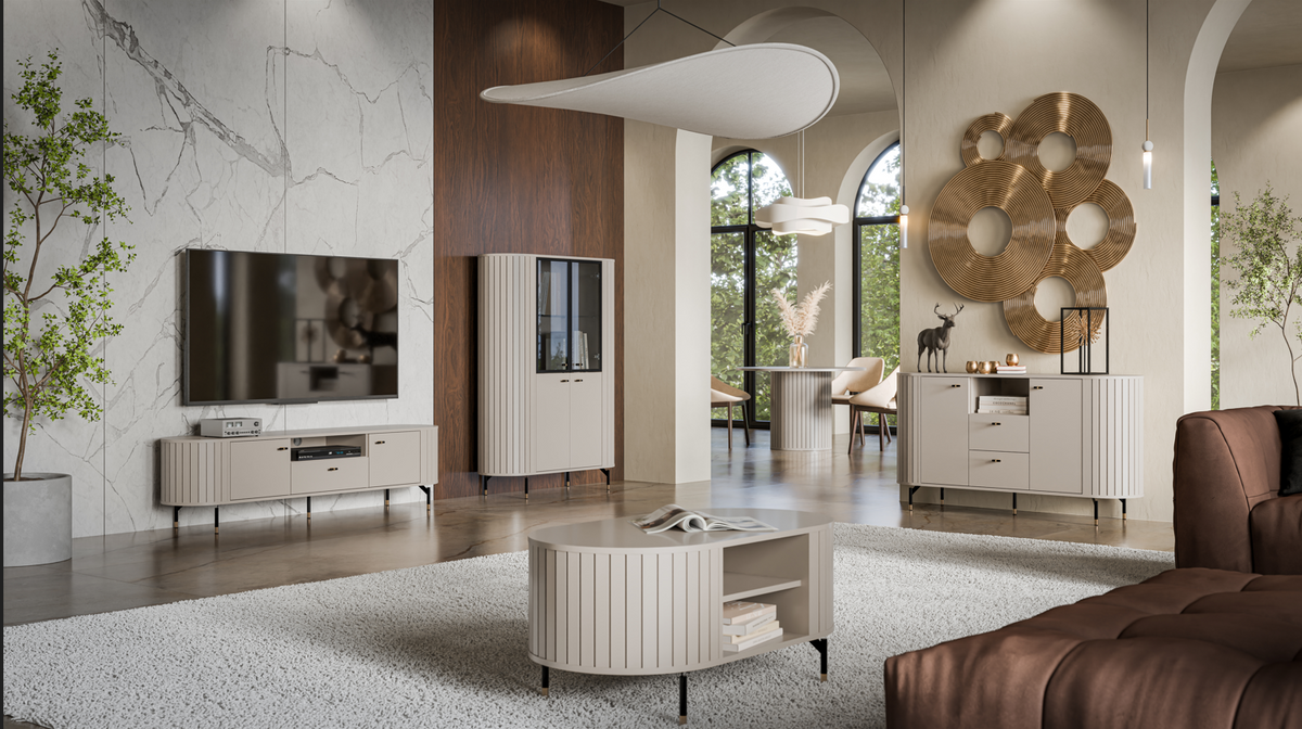 Light cashmere round ribbed coffee table with open storage and gold-tone legs