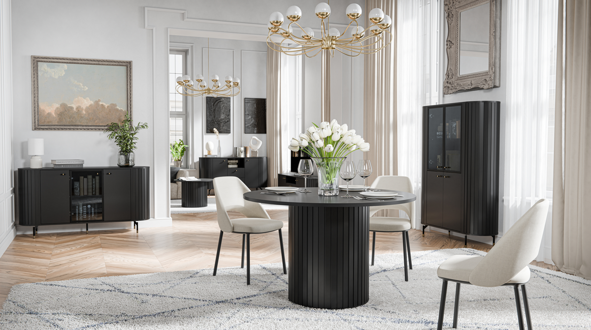 120 cm round dining table with cashmere-gray fluted pedestal and round tabletop