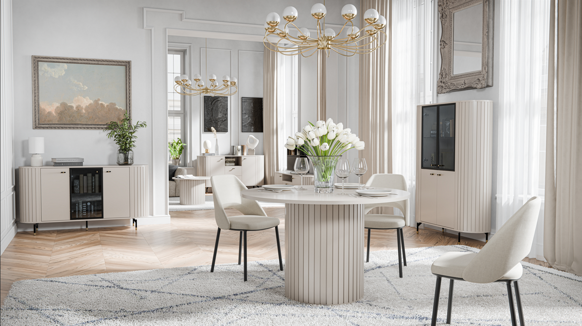 120 cm round dining table with black fluted pedestal and round tabletop