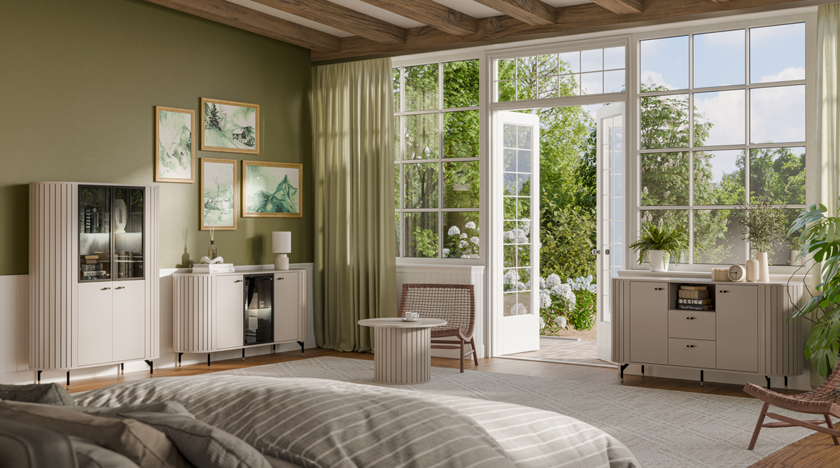 Cashmere display cabinet with glass doors and lower doors, shown in a bedroom setting