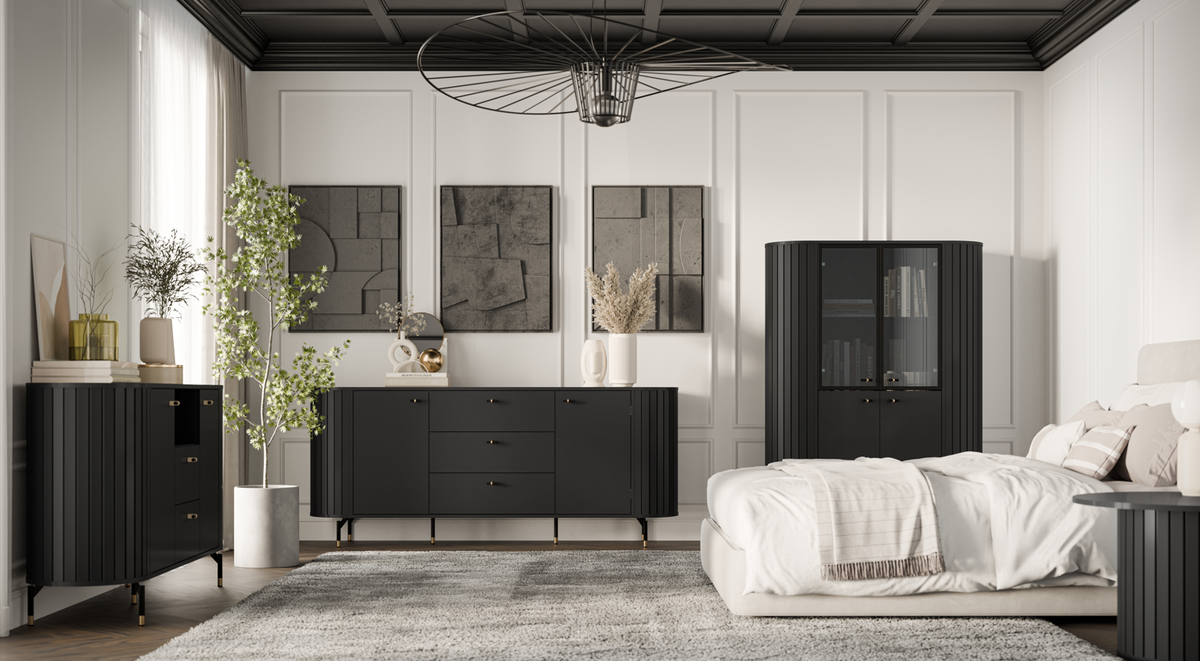 Black sideboard with ribbed doors and three drawers