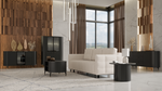 Round black coffee table with ribbed cylindrical base and flat round top