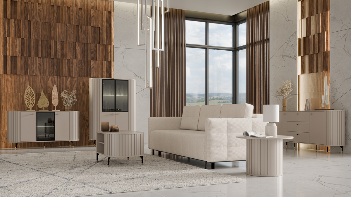 Round cashmere coffee table with ribbed cylindrical base and flat round top