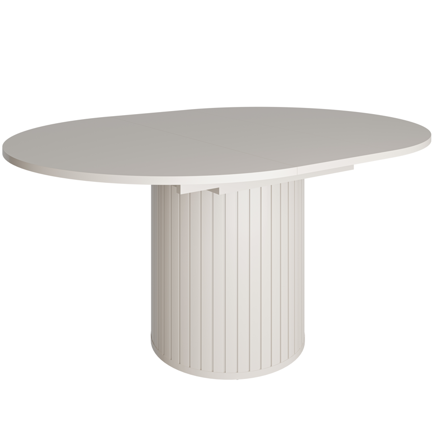 Extendable round dining table with light cream top and ribbed pedestal base