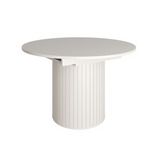 Extendable round dining table with light cream top and ribbed pedestal base (120–160 cm)