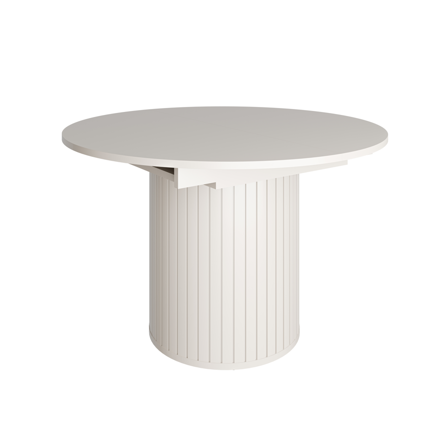 Extendable round dining table with light cream top and ribbed pedestal base (120–160 cm)