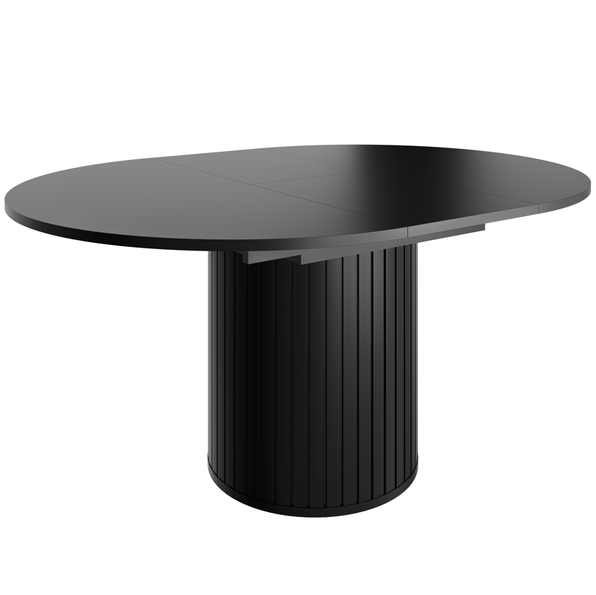 Extendable round table with black tabletop and ribbed pedestal column base
