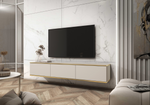 Light beige TV cabinet with gold trim under wall-mounted flat-screen TV