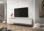 White TV cabinet with gold trim under wall-mounted flat-screen TV