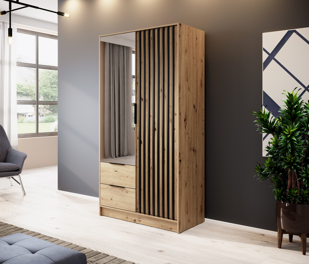 Two-door wardrobe with mirror and natural wood front; vertical slat door panel and two drawers.