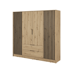 4-door wardrobe in light wood with black vertical slat panels and central door handles