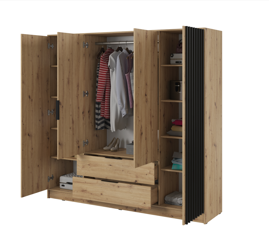 Open light-wood wardrobe with hanging rail, shelves, and drawers