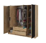 4-door wardrobe interior view with shelves, drawers, and hanging space in light wood