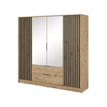 4-door wardrobe with mirrored double doors and light wood slat side panels