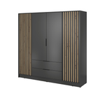 4-door wardrobe with matte dark grey doors and vertical wood slat panels on sides