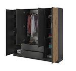 Open 4-door wardrobe with grey interior shelves, hanging rail, and drawers