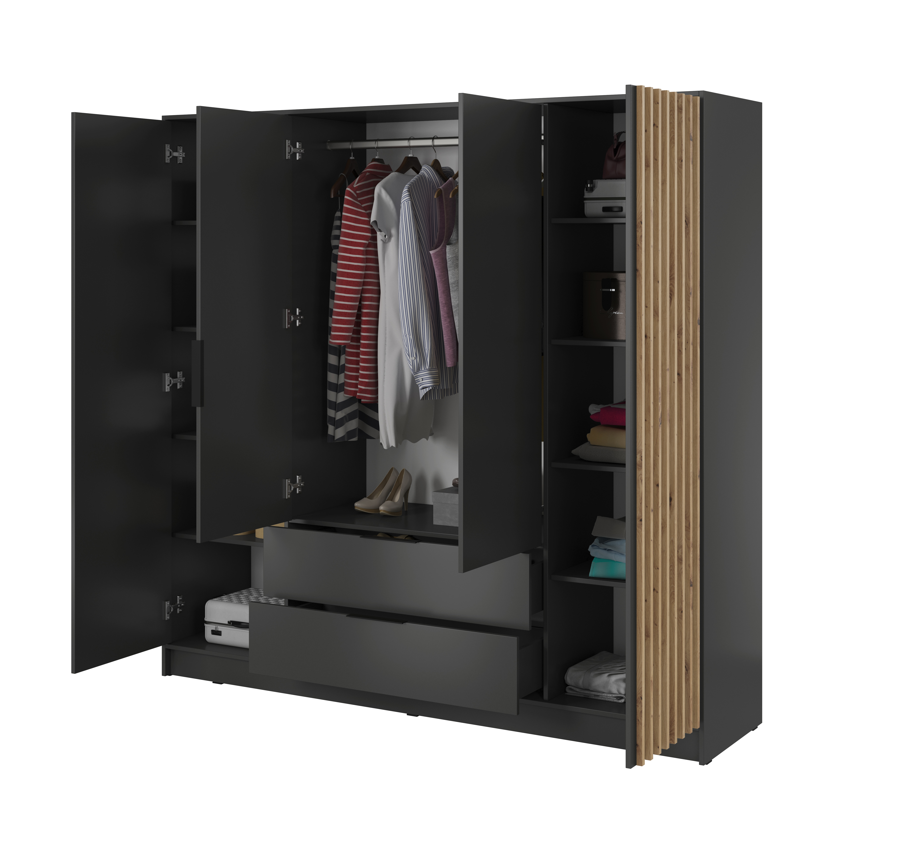 Open 4-door wardrobe with grey interior shelves, hanging rail, and drawers