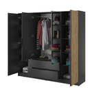 4-door wardrobe interior view with shelves, drawers, and hanging rails behind open doors